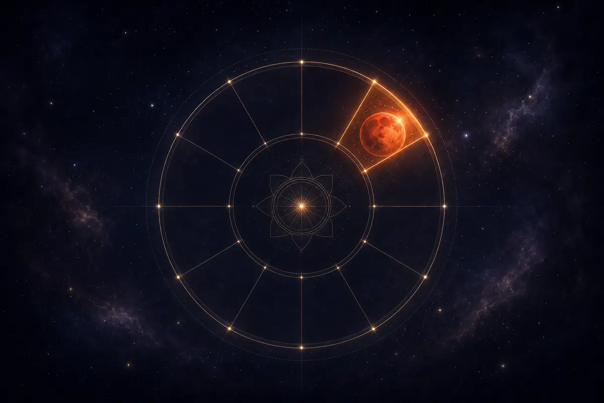 The red planet Mars glowing like an ember with a fine spark of light, set in the eighth lit segment of a twelve-part astrological wheel.