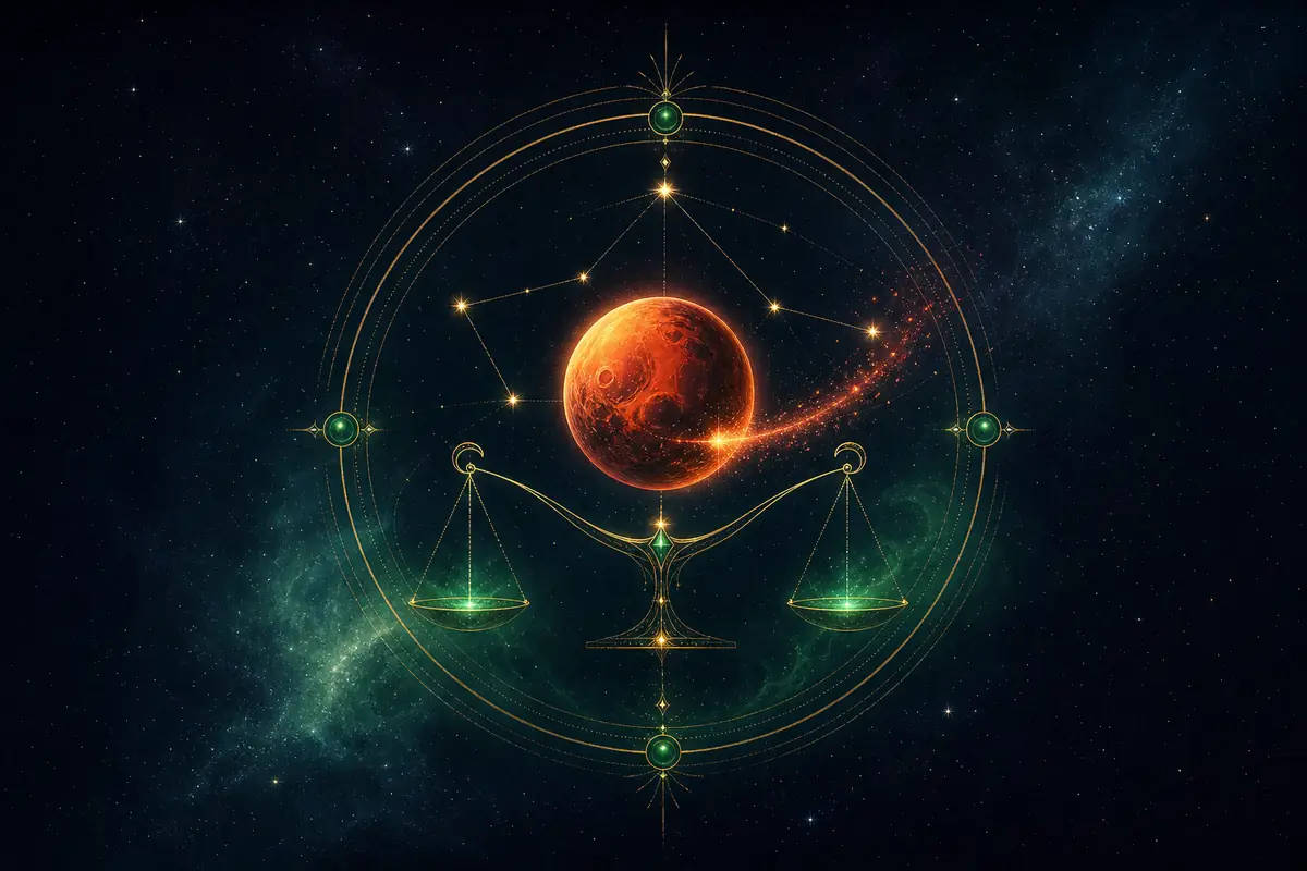 A pair of golden scales balanced beneath a red planet, symbolising Mars weighing fairness before it acts in Libra.