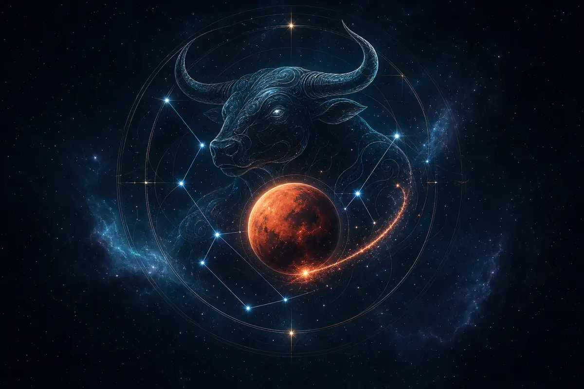 A bull standing immovable in a field as a red planet presses against it from behind, unable to shift it, illustrating Mars in detriment in fixed earth.