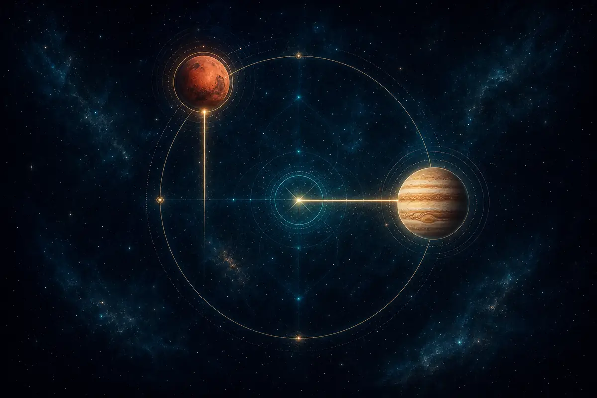 Mars and Jupiter drawn in fine light at a right angle, a small red ember and a broad golden disc set across a sharp corner.