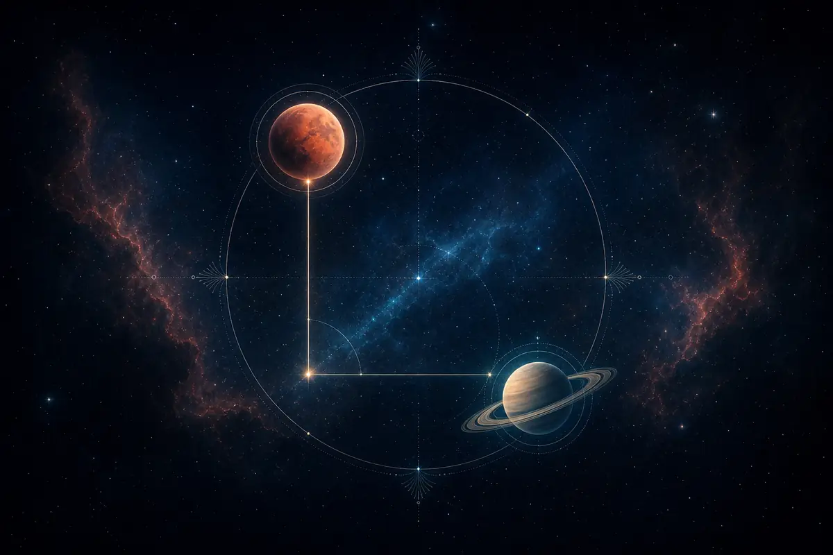 Mars and Saturn drawn in fine light at a right angle, a small red ember and a dim ringed disc held apart by a sharp corner.