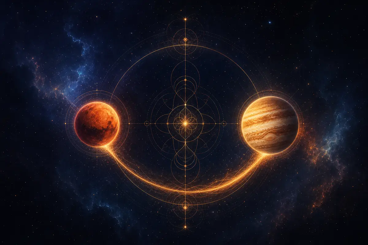 Mars and Jupiter drawn in fine light at a gentle 120° angle, a small red ember and a broad golden disc linked by an easy arc.