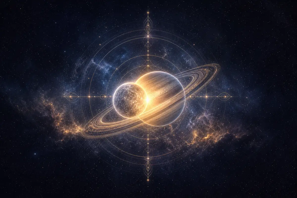 Mercury and Saturn drawn in fine light almost touching, a single pale glow where they meet.