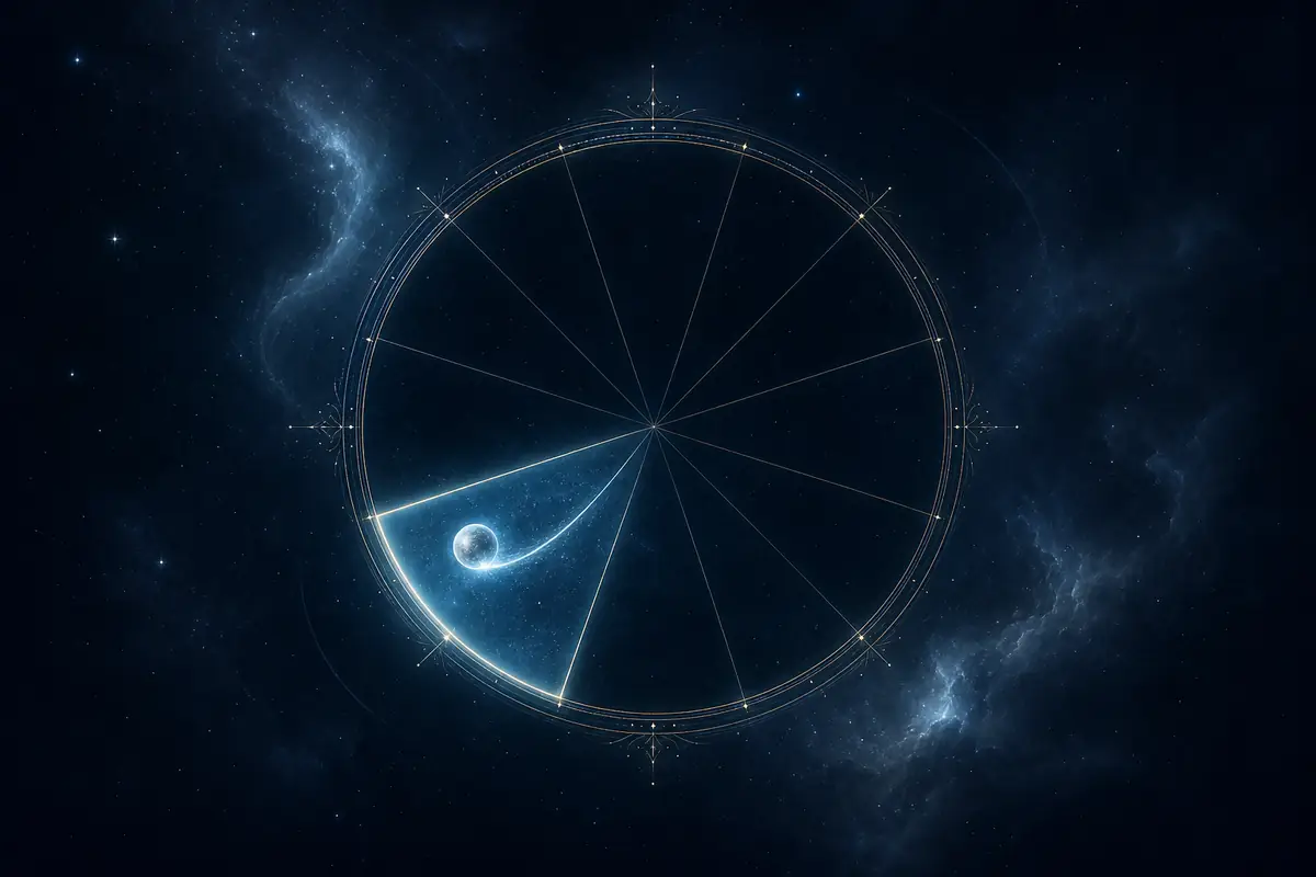 A small quicksilver planet trailing a fine bright thread of light, set in the lit second segment of a twelve-part astrological wheel, the house of resources and possessions.