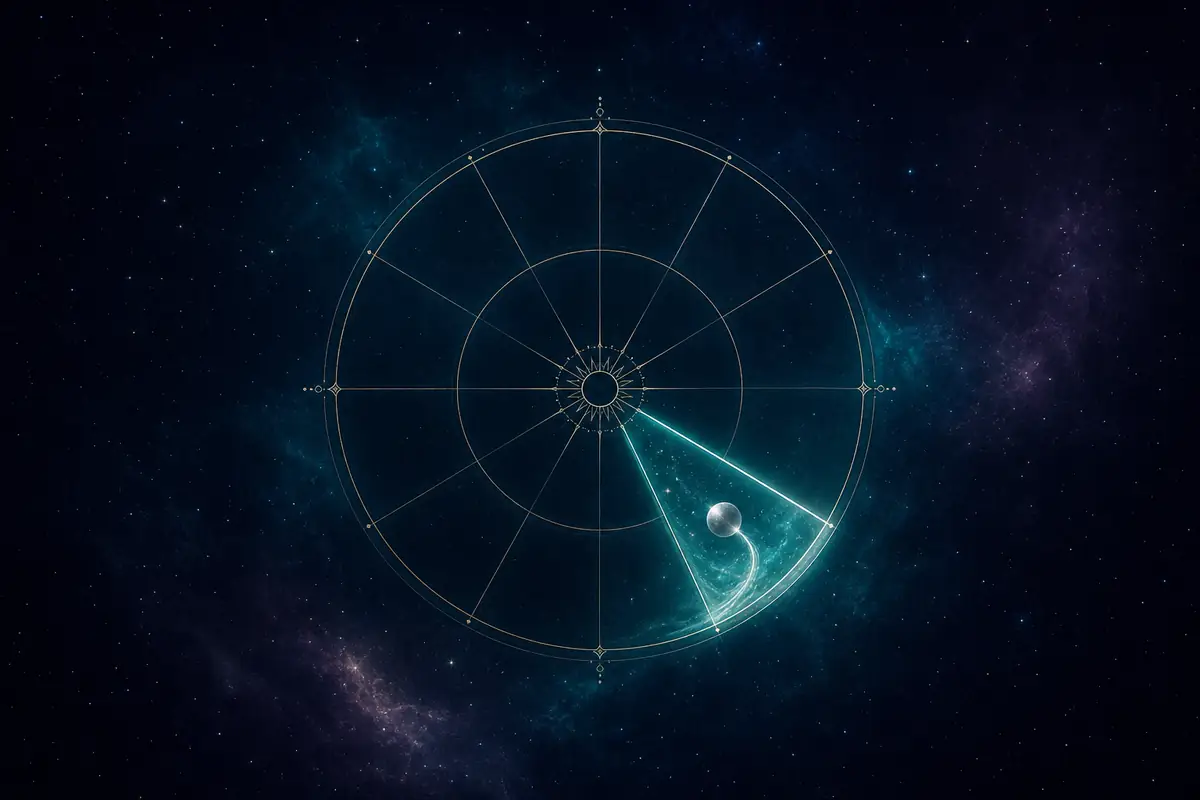A small quicksilver planet trailing a fine bright thread of light, set in the fifth lit segment of a twelve-part astrological wheel.