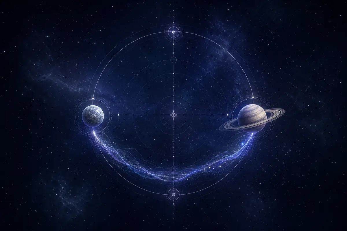 Mercury and Saturn drawn in fine light at the angle of a trine, a steady arc of pale light between them.