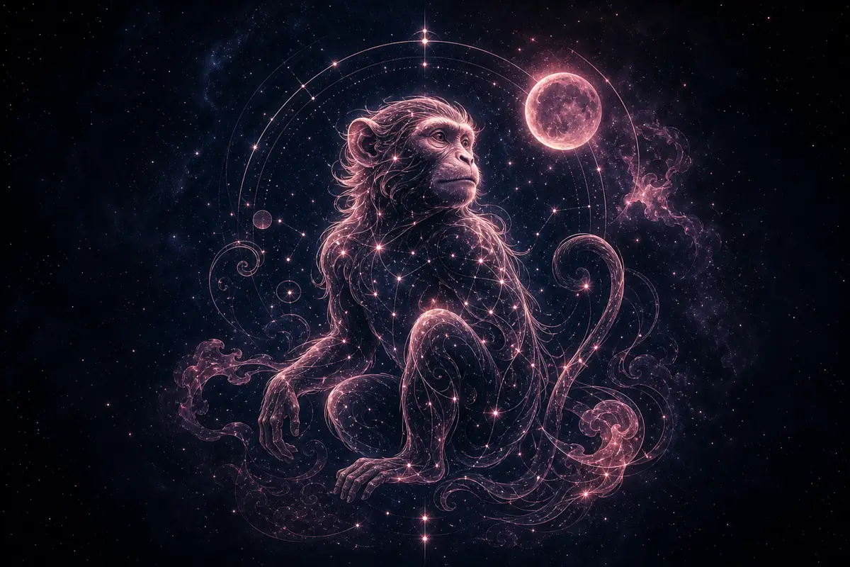A playful golden monkey perched in a ancient lantern tree against a vibrant festival sky.