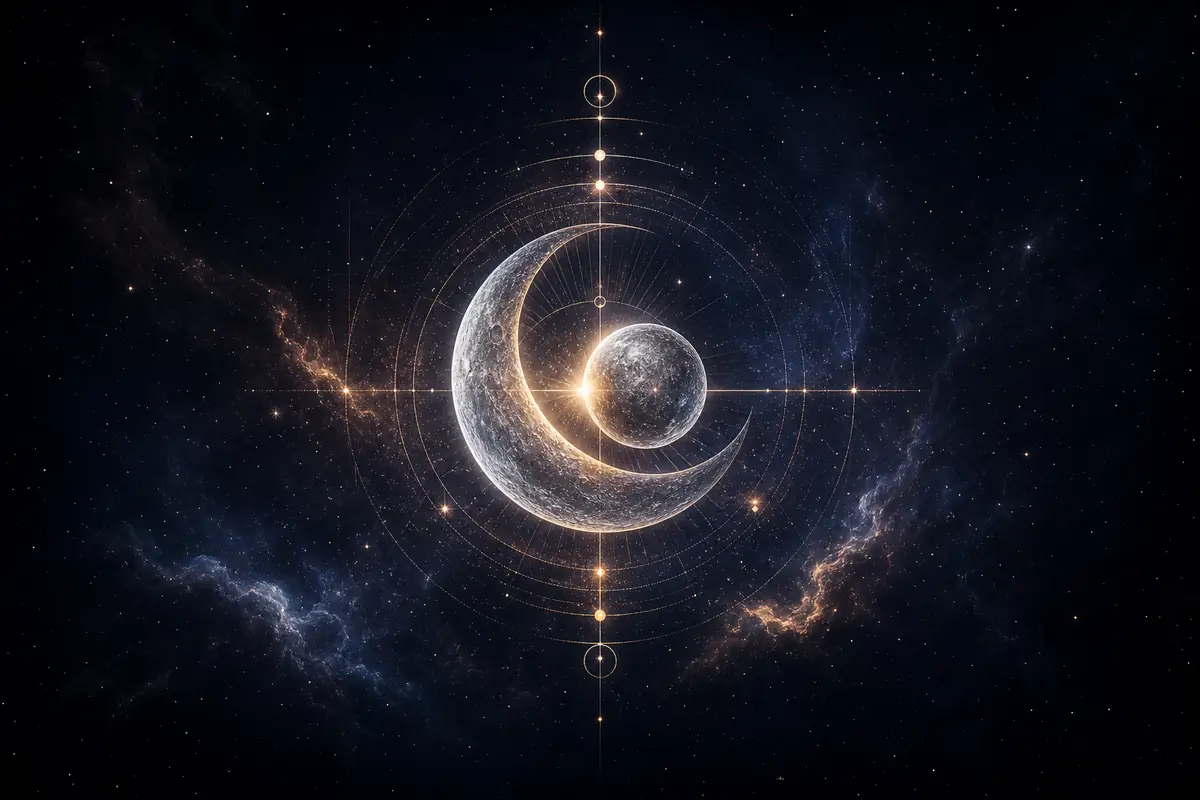 The Moon and Mercury drawn in fine light, overlapping at one point on a thin astrological circle.