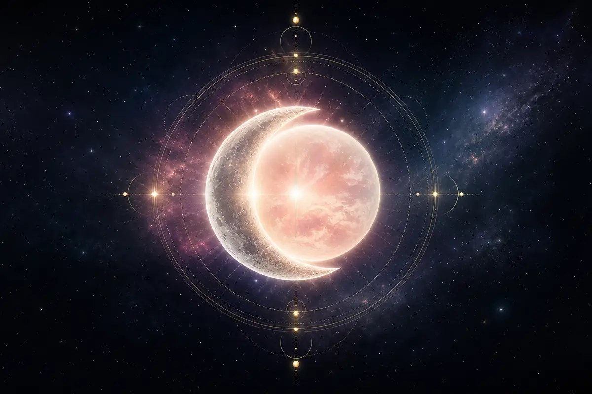 The Moon and Venus drawn in fine light, overlapping at one point on a thin astrological circle.