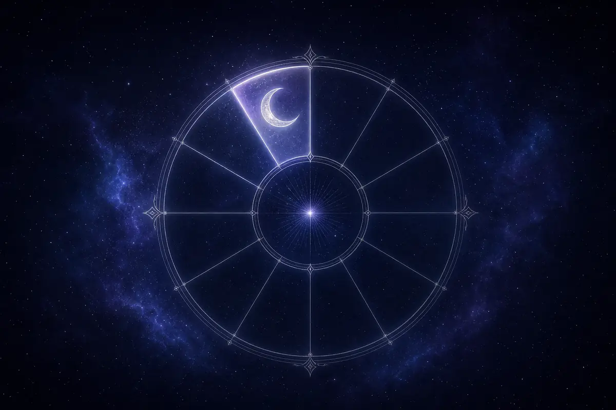 A softly glowing silver crescent Moon set in one lit segment of a twelve-part astrological wheel, the tenth segment at the very top of the wheel glowing brightest.