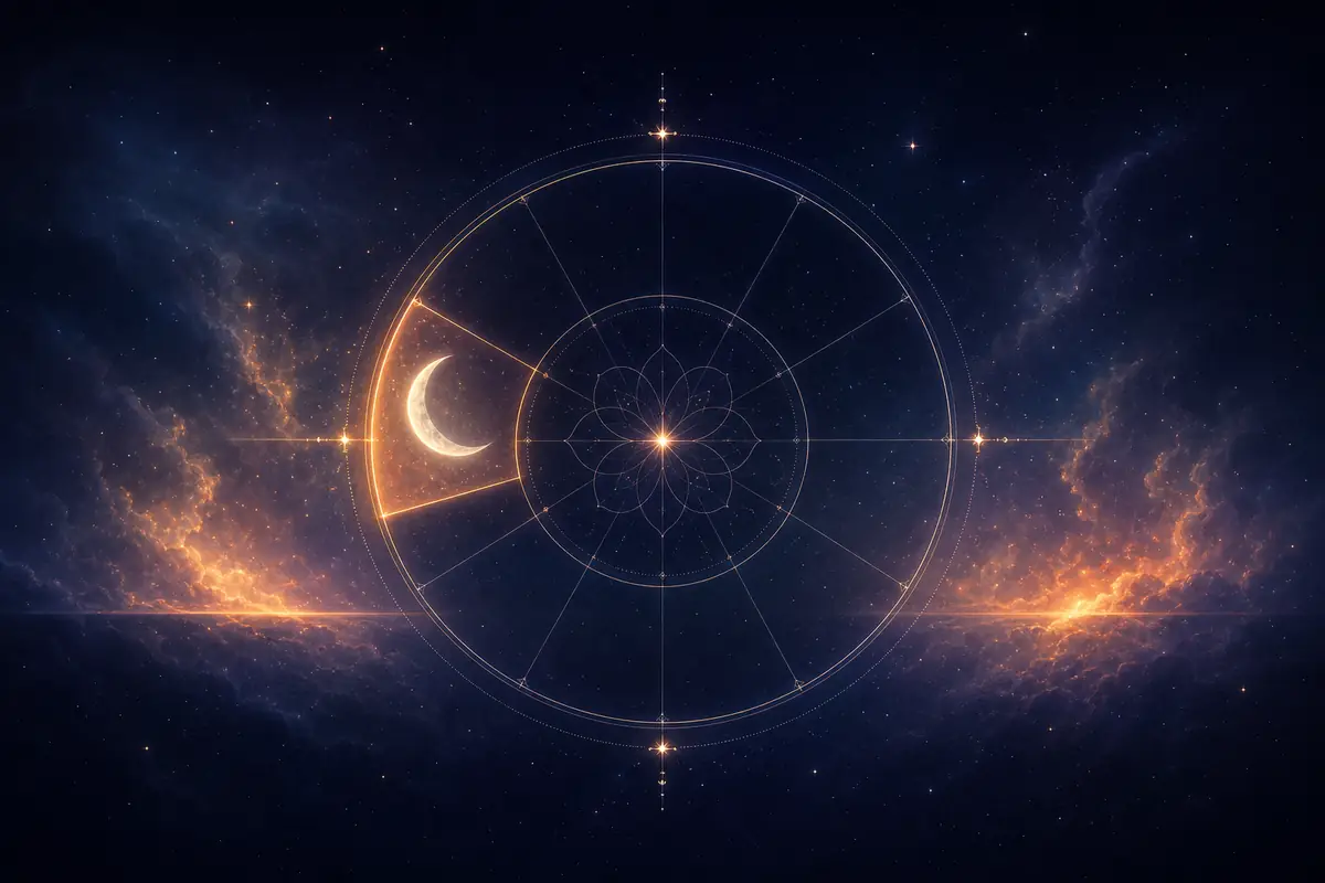 A softly glowing silver crescent Moon set in one lit segment of a twelve-part astrological wheel, the twelfth segment glowing faintly just before the wheel's rising point.