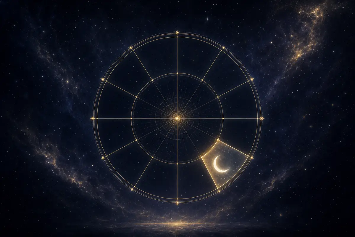 A softly glowing silver crescent Moon set in the fourth, lit segment of a twelve-part astrological wheel, the placement at the base of the chart where home and roots live.
