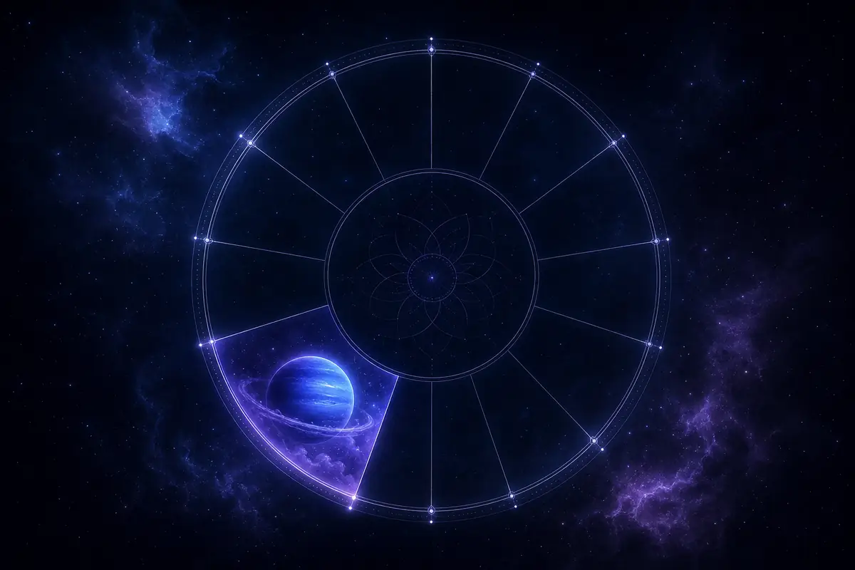 The deep-blue planet Neptune veiled in soft mist with a faint ring of light, set in the lit third segment of a twelve-part astrological wheel, where Neptune softens the everyday mind and speech.
