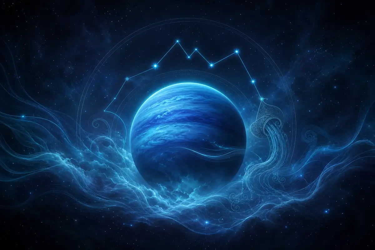 The deep-blue planet Neptune wrapped in soft mist and a faint ring of light, set within the Aquarius constellation.