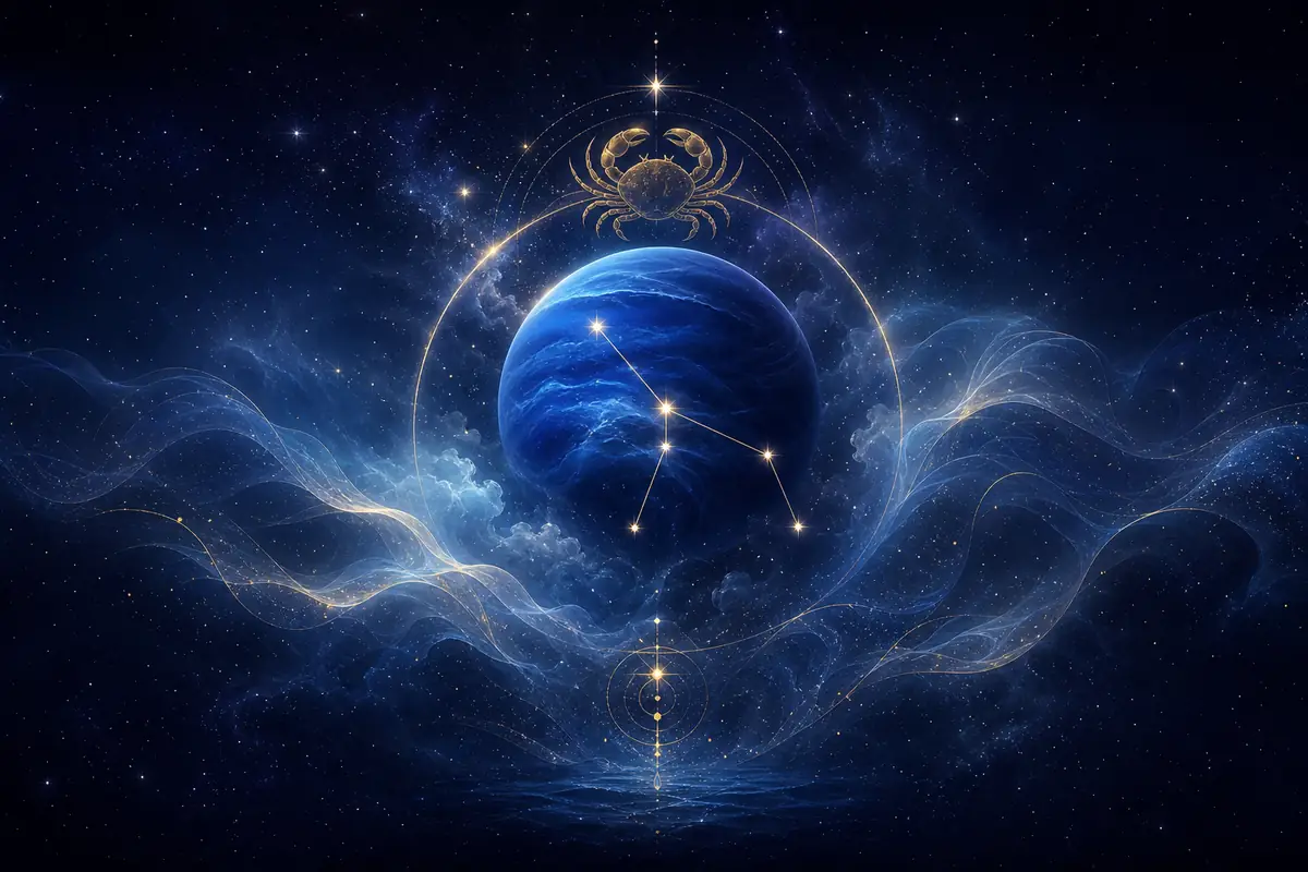 The deep-blue planet Neptune wrapped in soft mist and a faint ring of light, set within the Cancer constellation.