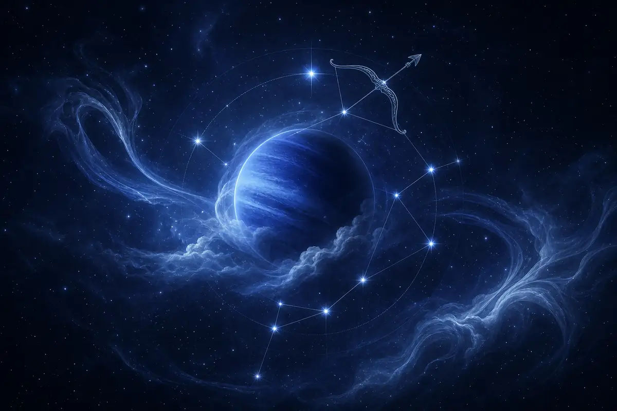 The deep-blue planet Neptune wrapped in soft mist and a faint ring of light, set within the Sagittarius constellation.