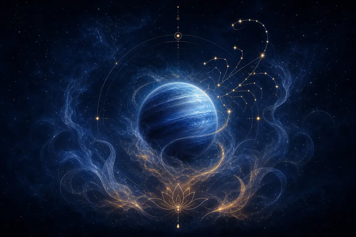The deep-blue planet Neptune wrapped in soft mist and a faint ring of light, set within the Scorpio constellation.