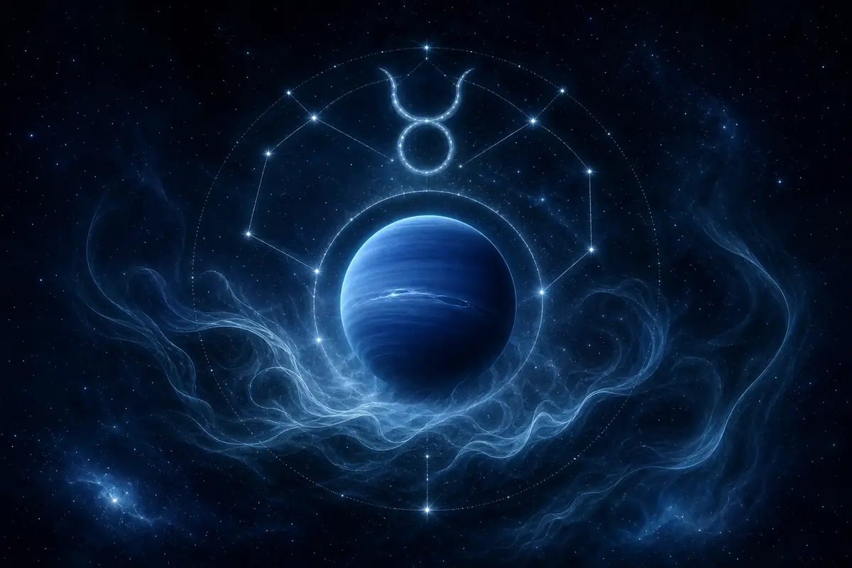 The deep-blue planet Neptune wrapped in soft mist and a faint ring of light, set within the Taurus constellation.