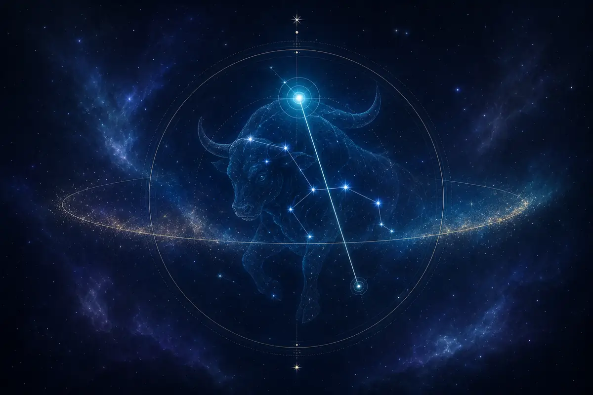 A bull standing calmly in an open field at dawn, an eclipsed moon fading low on the horizon behind it.
