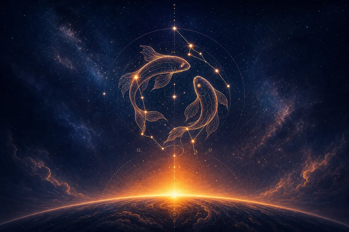 Two luminous fish swimming in spiralling paths through deep ocean lit by diffused moonlight, evoking the fluid, dreamy nature of Pisces Rising.