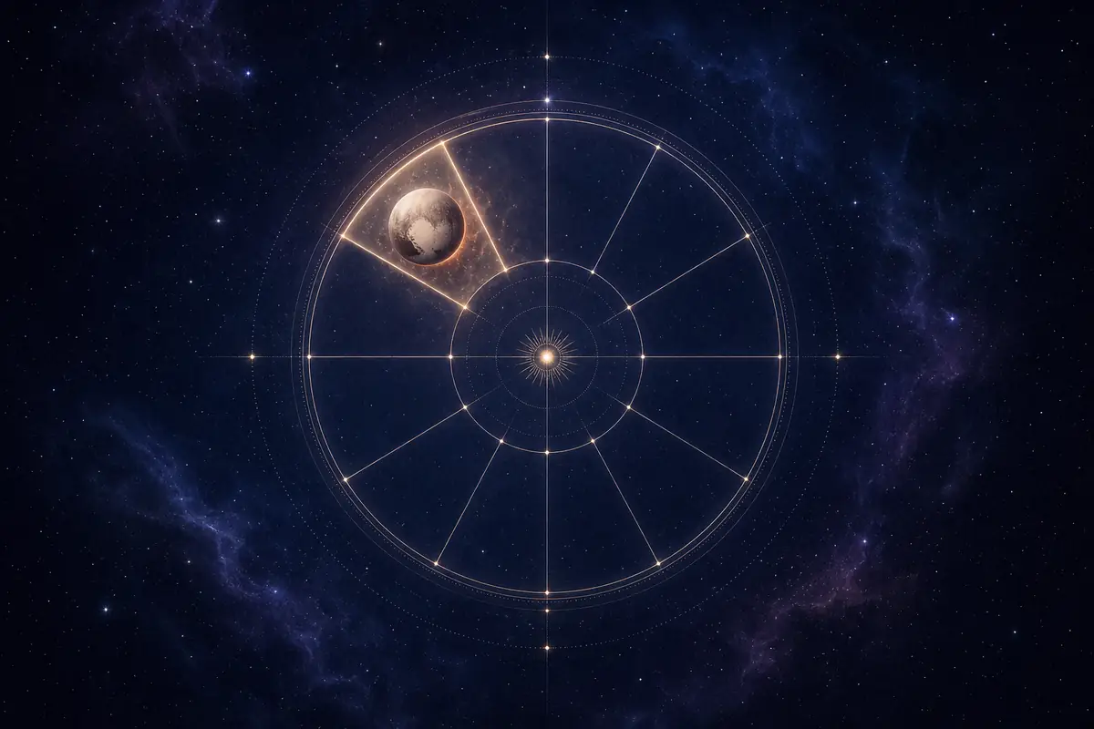 The small dark dwarf planet Pluto with a pale heart-shaped glow and a faint ember halo, set in the lit tenth segment of a twelve-part astrological wheel at the top of the chart.