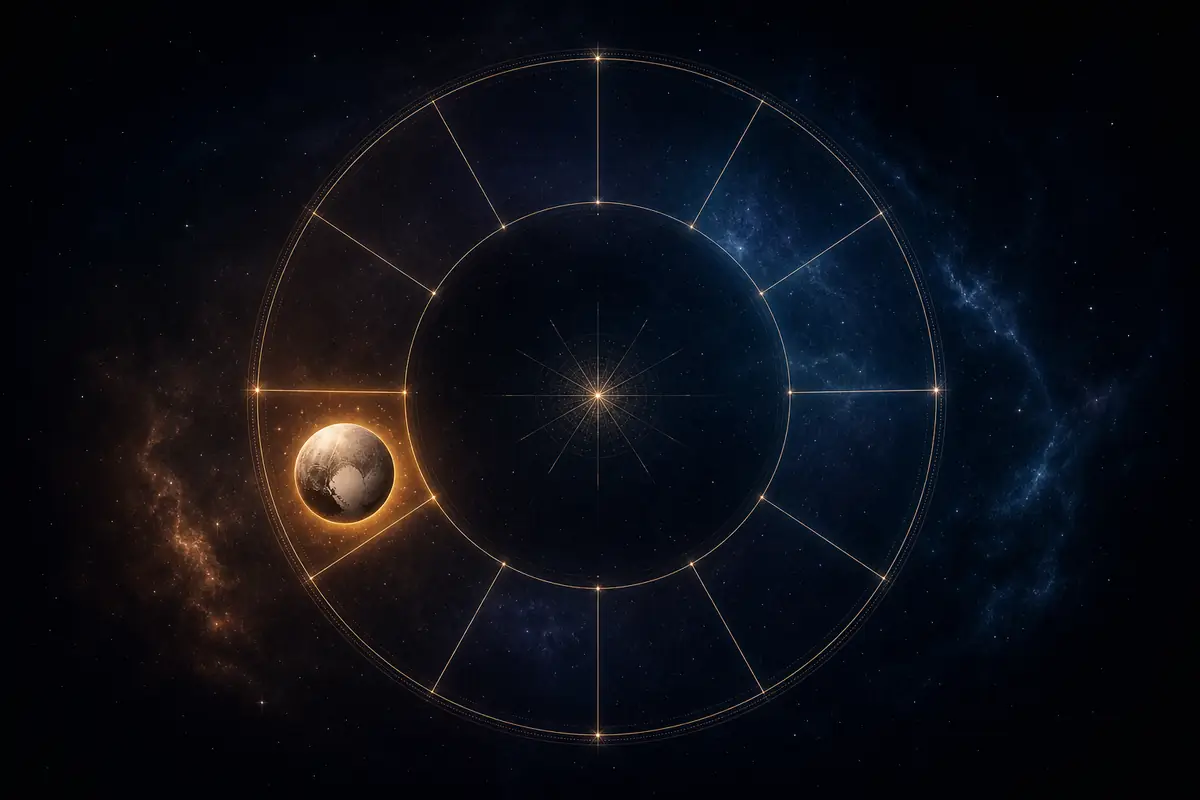 The small dark dwarf planet Pluto with a pale heart-shaped glow and a faint ember halo, set in the lit first segment of a twelve-part astrological wheel, where Pluto sits at the edge of the self.
