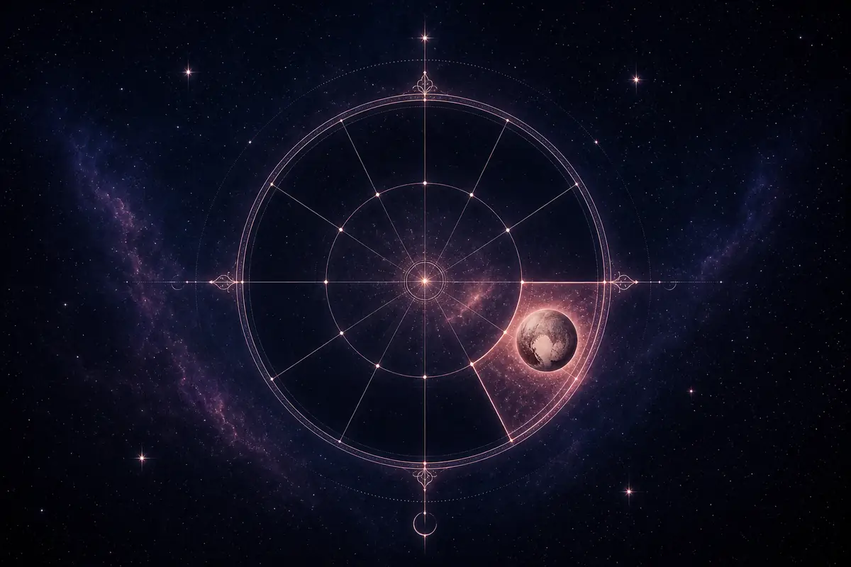 The small dark dwarf planet Pluto with a pale heart-shaped glow and a faint ember halo, set in one lit segment of a twelve-part astrological wheel, here the sixth house.
