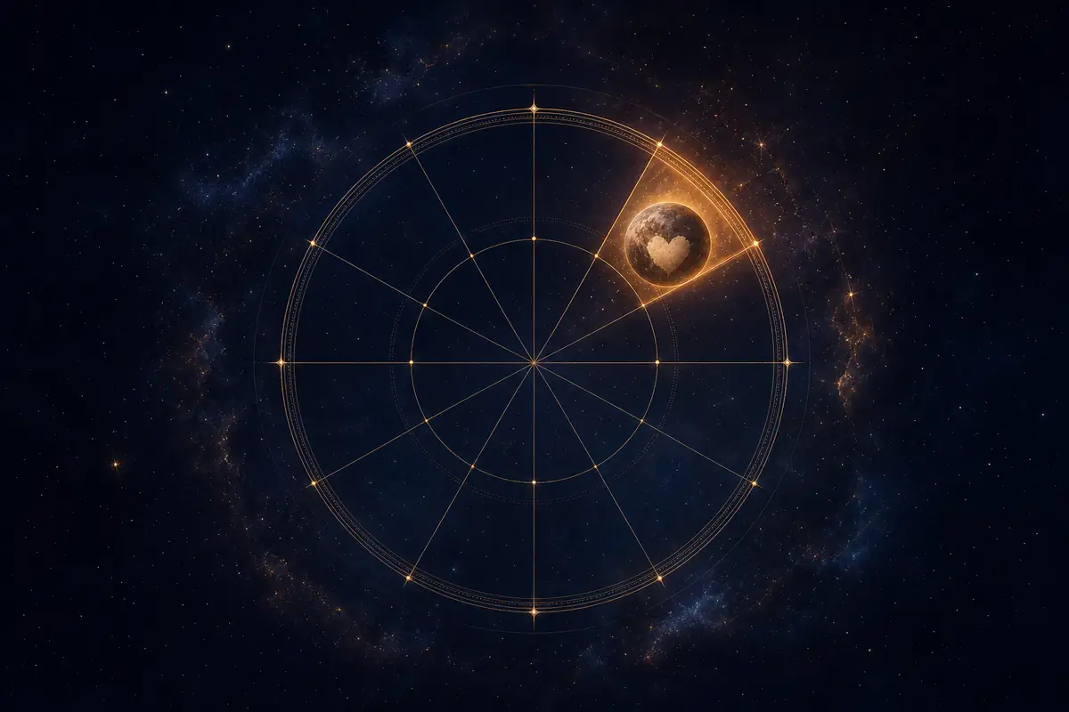 The small dark dwarf planet Pluto with a pale heart-shaped glow and a faint ember halo, set in one lit segment of a twelve-part astrological wheel, here the eighth house.