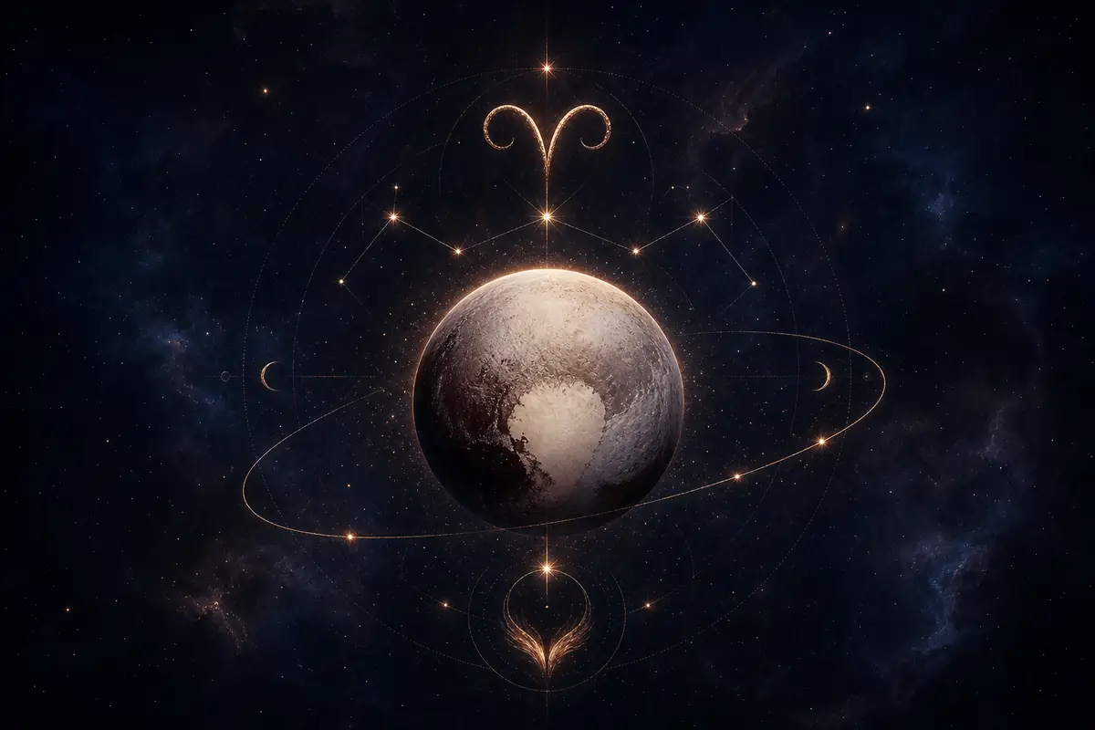 The small dark dwarf planet Pluto with a pale heart-shaped glow on its surface and a faint ember halo, set within the Aries constellation, suggesting the will reborn through initiative.