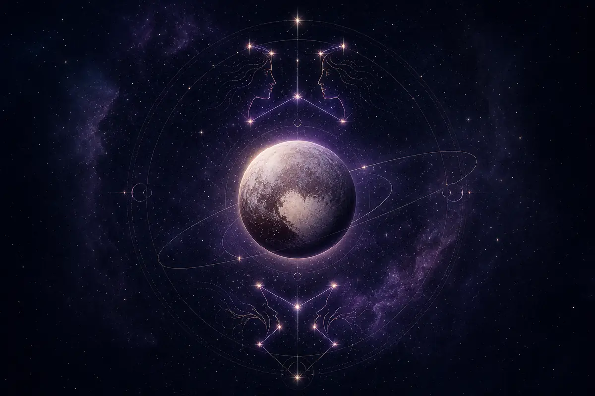The small dark dwarf planet Pluto with a pale heart-shaped glow on its surface and a faint ember halo, set within the Gemini constellation, suggesting power in information, language and ideas.