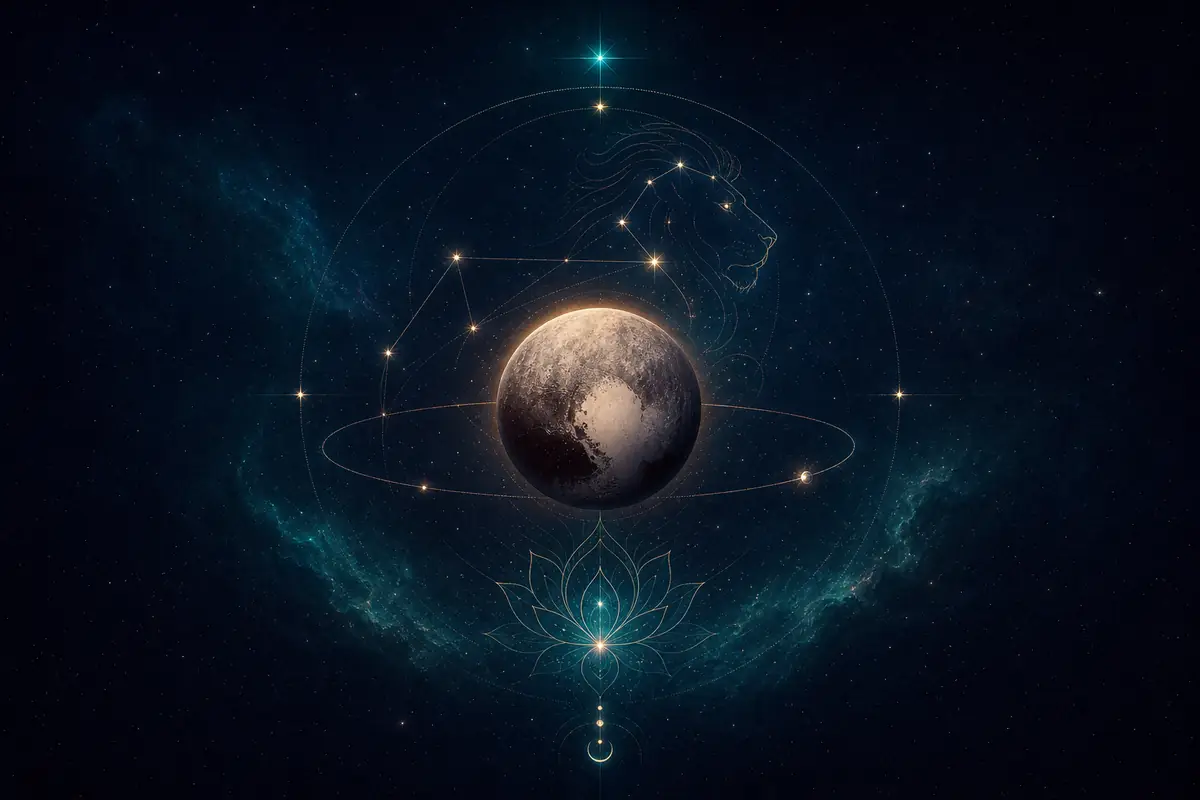 The small dark dwarf planet Pluto with a pale heart-shaped glow on its surface and a faint ember halo, set within the Leo constellation, the generation's power of self-expression.