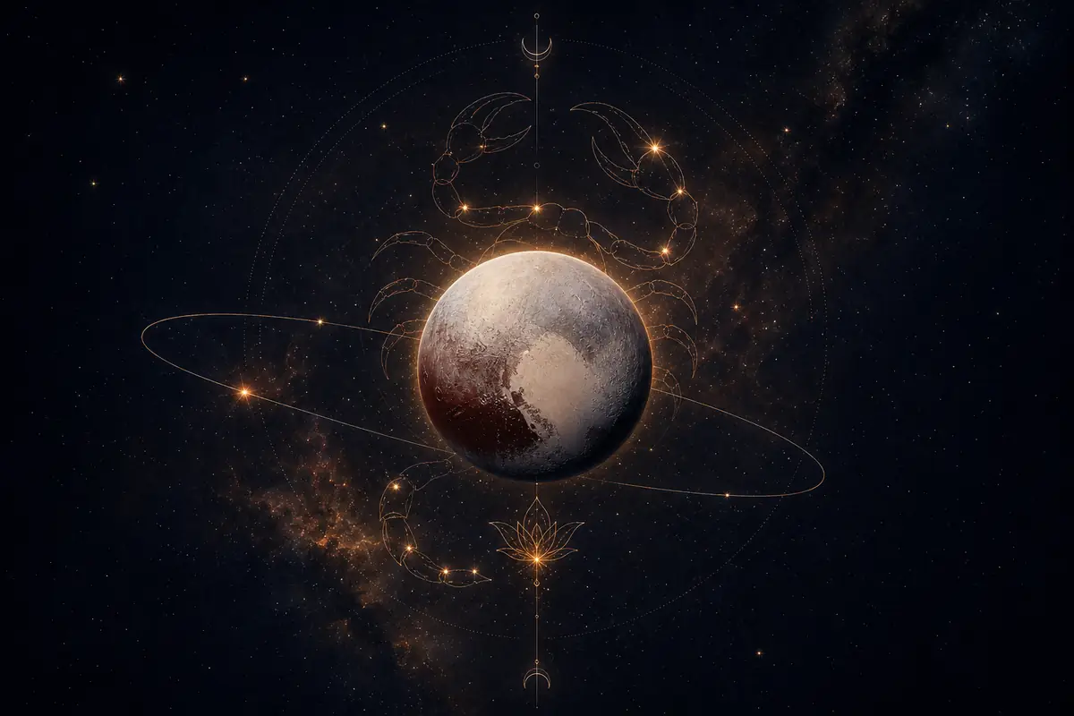 The small dark dwarf planet Pluto with a pale heart-shaped glow on its surface and a faint ember halo, set within the Scorpio constellation, power at its most concentrated.