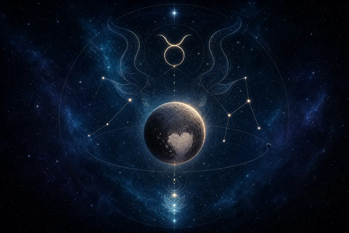 The small dark dwarf planet Pluto with a pale heart-shaped glow on its surface and a faint ember halo, set within the Taurus constellation, suggesting the transformation of value and resources.
