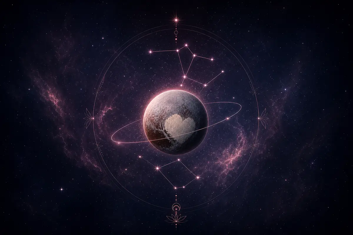 The small dark dwarf planet Pluto with a pale heart-shaped glow on its surface and a faint ember halo, set within the Virgo constellation, power turned toward craft and repair.
