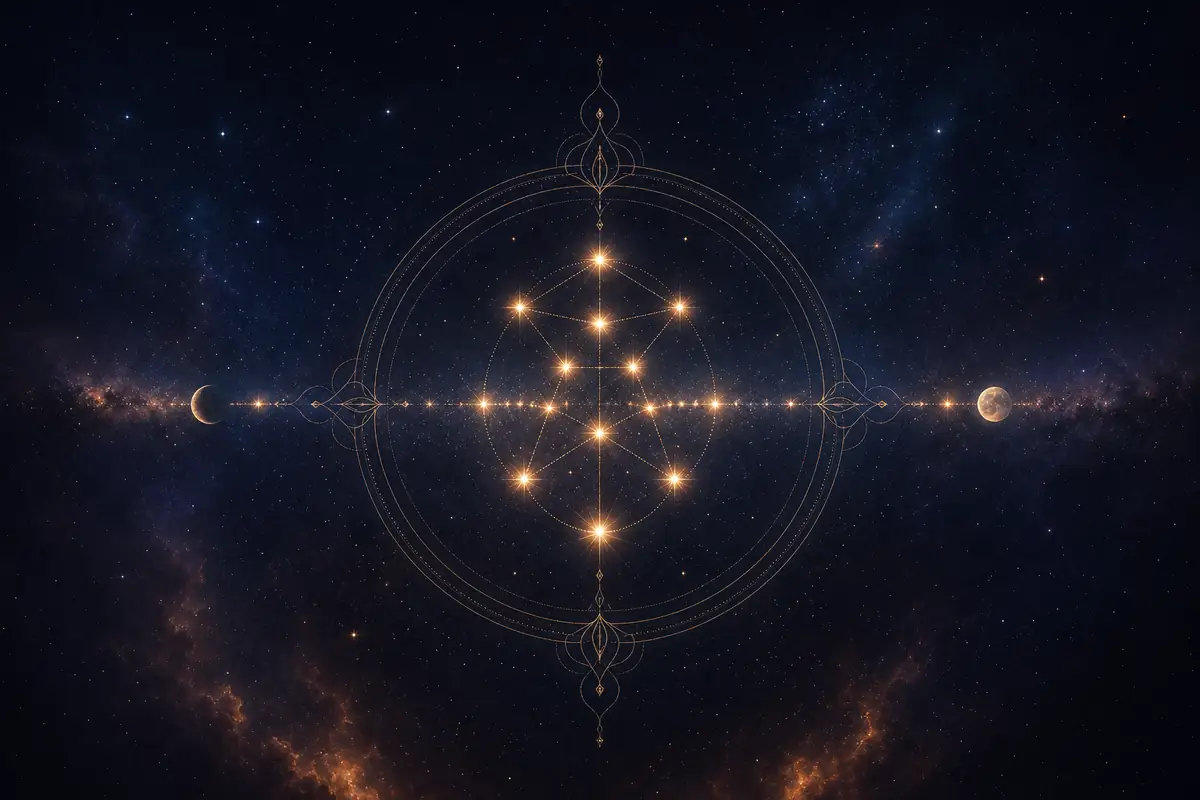 A fan and winnowing basket resting beside flowing water under a Sagittarius twilight, symbolising Purva Ashadha Nakshatra.