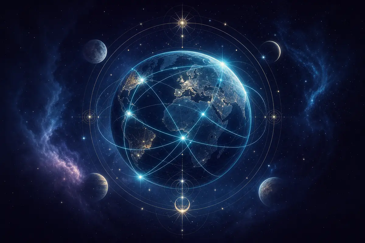 A world map layered with colorful planetary lines, suggesting the rich landscape of relocation astrology.
