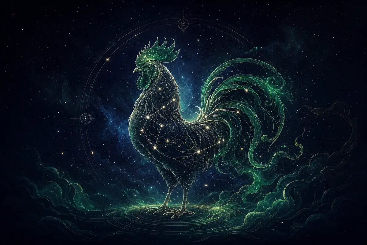 A vivid iridescent rooster crowing at sunrise atop a gold-tipped temple wall.
