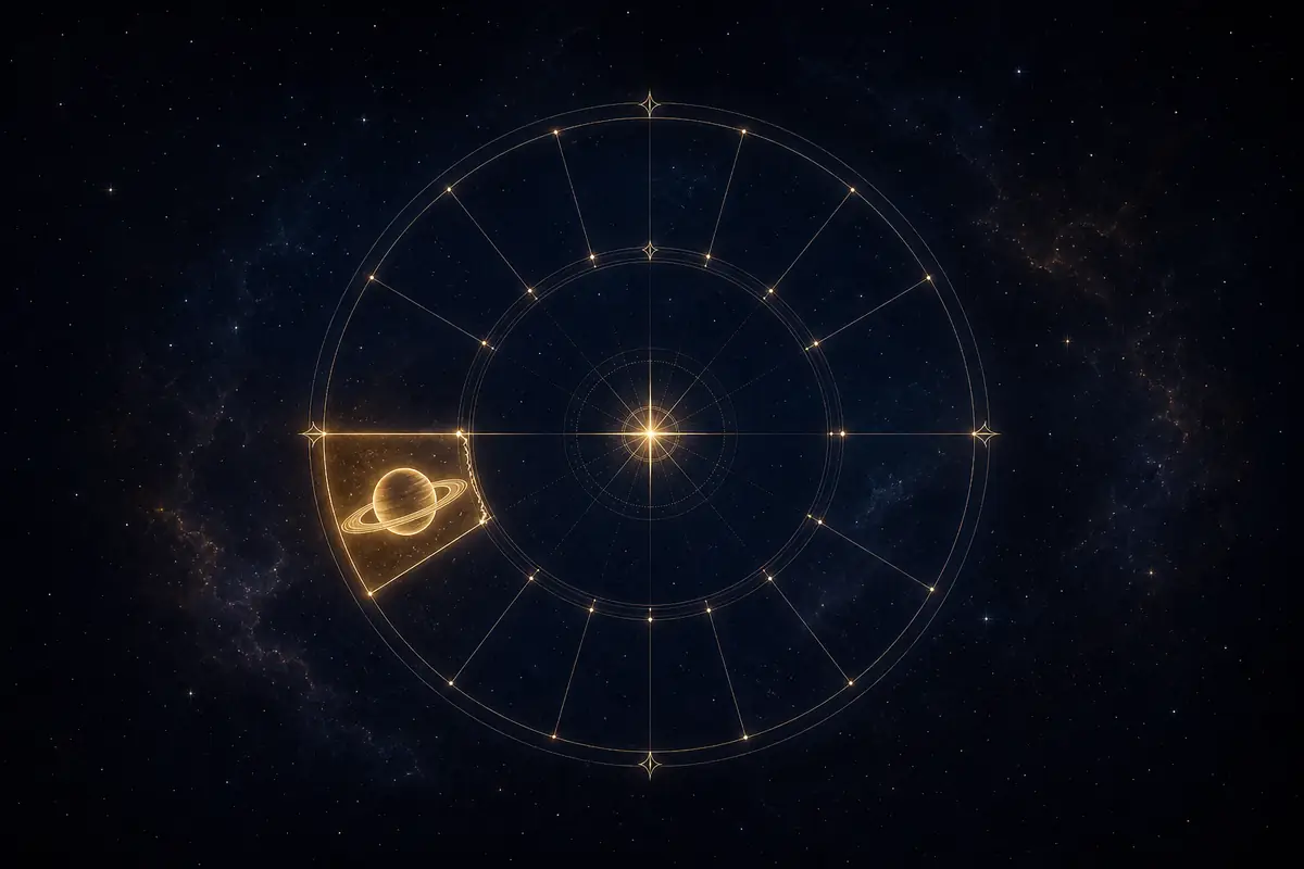 The ringed planet Saturn in cool luminous line-work, its rings catching a thin band of light, set in the lit first segment of a twelve-part astrological wheel.