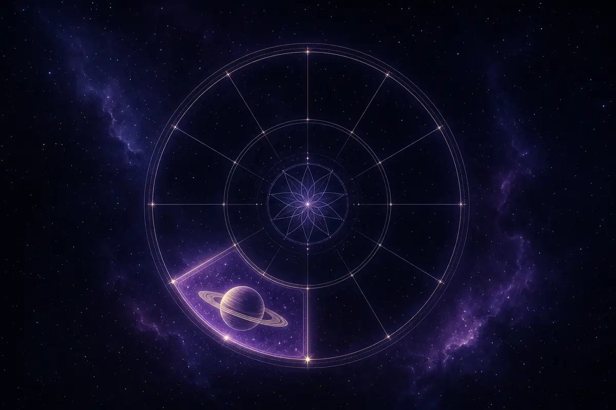 The ringed planet Saturn in cool luminous line-work, its rings catching a thin band of light, set in the lit third segment of a twelve-part astrological wheel.