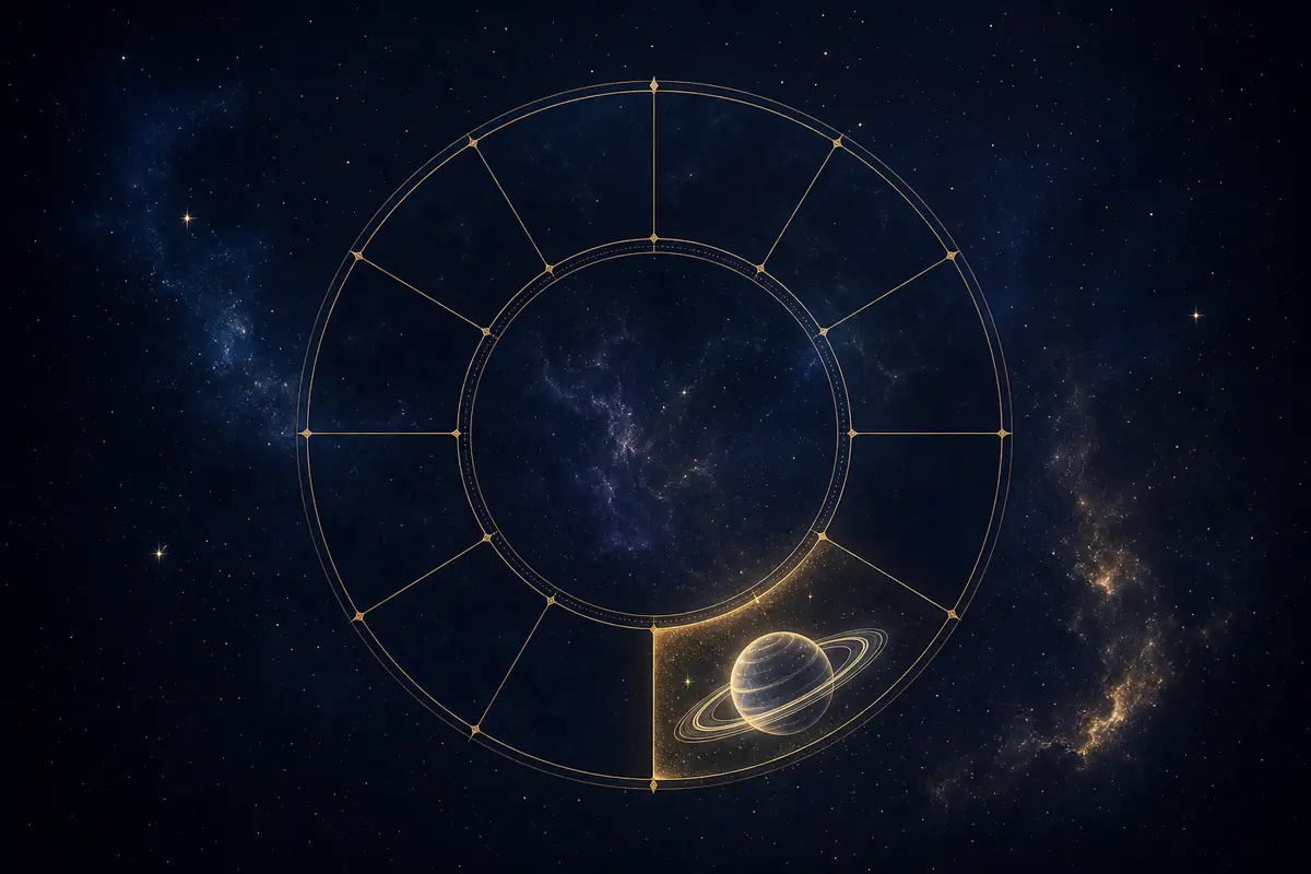 The ringed planet Saturn in cool luminous line-work, its rings catching a thin band of light, set in the lit fourth segment of a twelve-part astrological wheel.