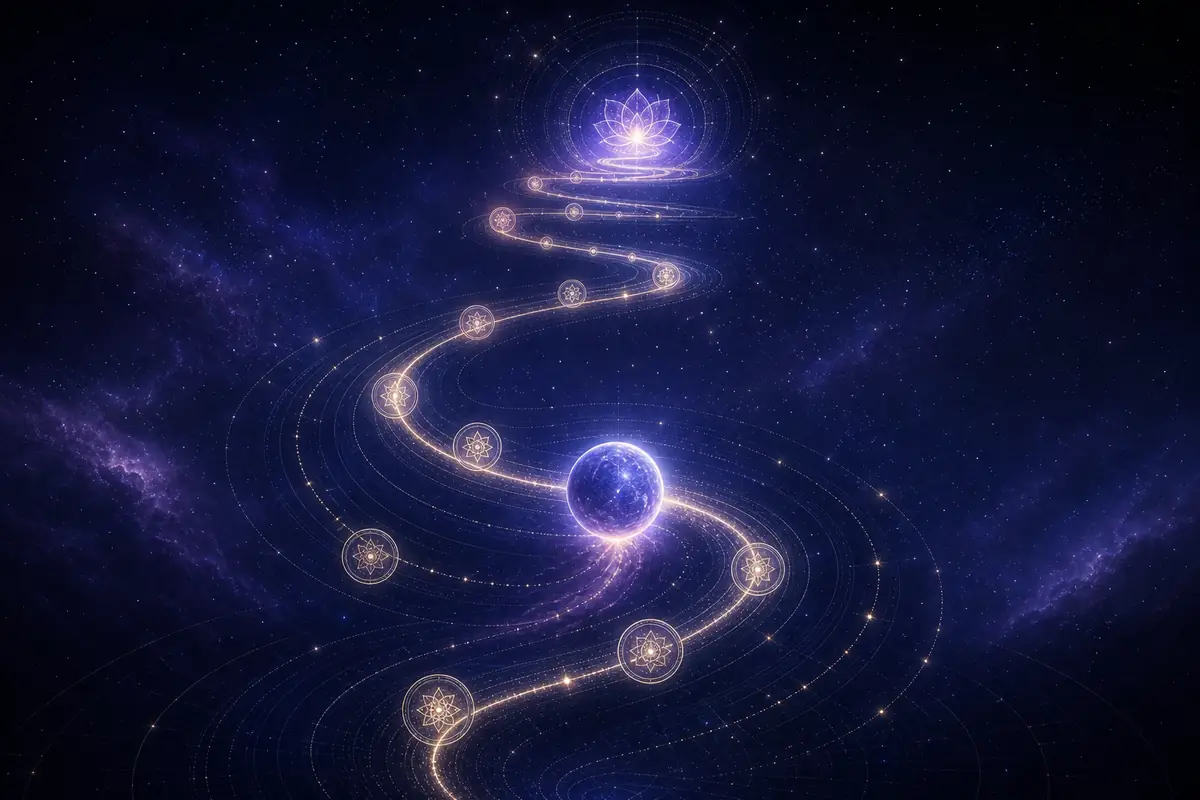 A dark ringed Saturn casting long shadows over a stone Vedic chart wheel, evoking karmic discipline and endurance.