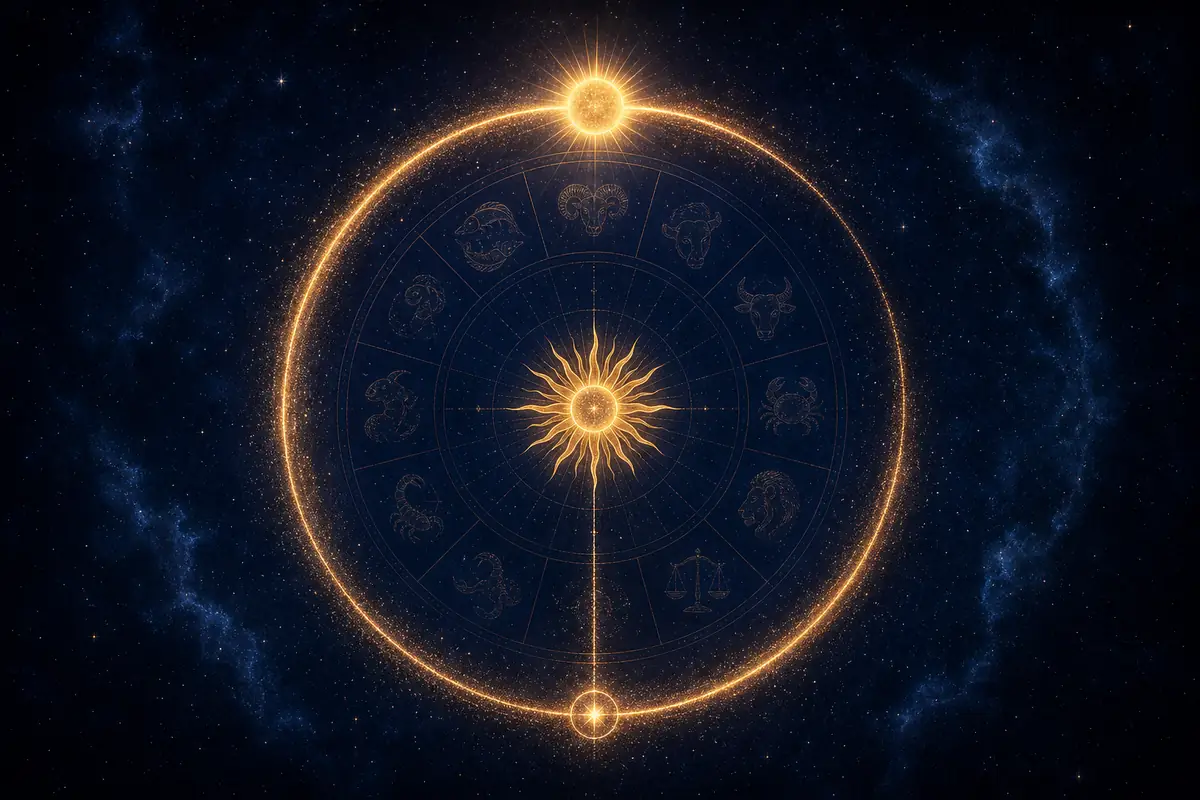 A glowing Sun at the centre of a chart wheel with a small marker where it returns to its birth position, beside a city skyline, the solar return chart and its location.