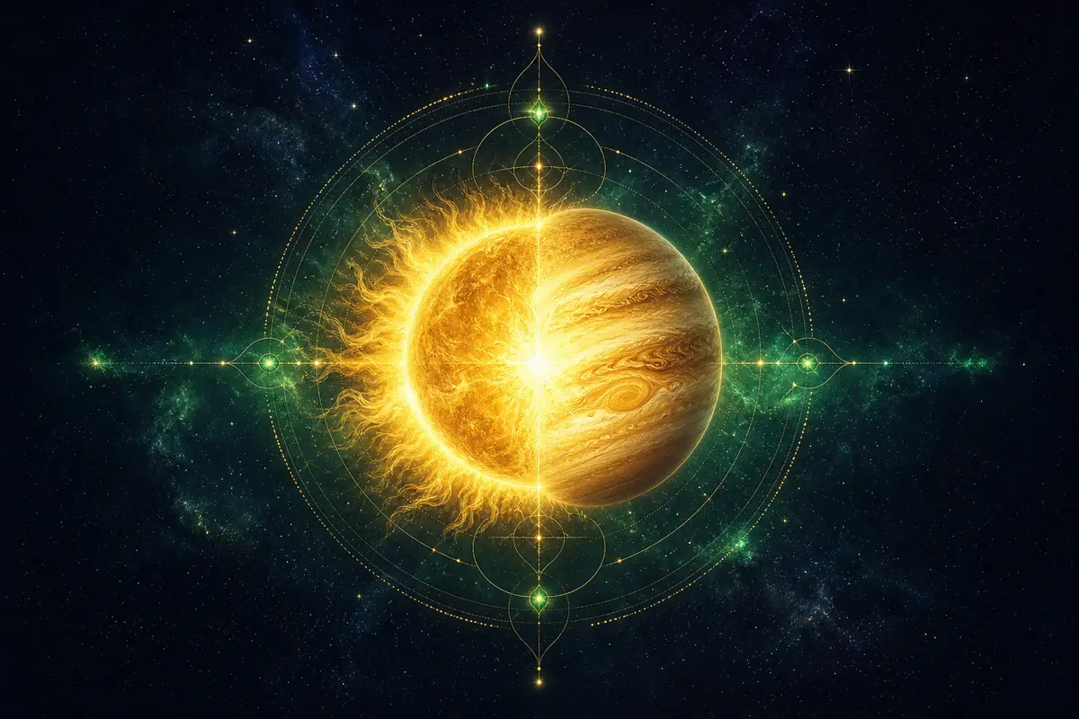 The Sun and Jupiter drawn in fine light, overlapping at one point of the zodiac, a golden disc with the large banded planet glowing within its glare.
