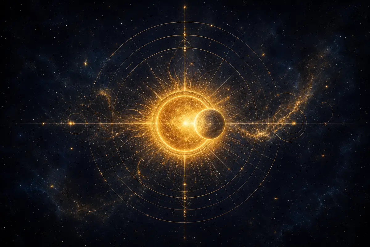 The Sun and Mercury drawn in fine light, overlapping at one point on a thin astrological circle.