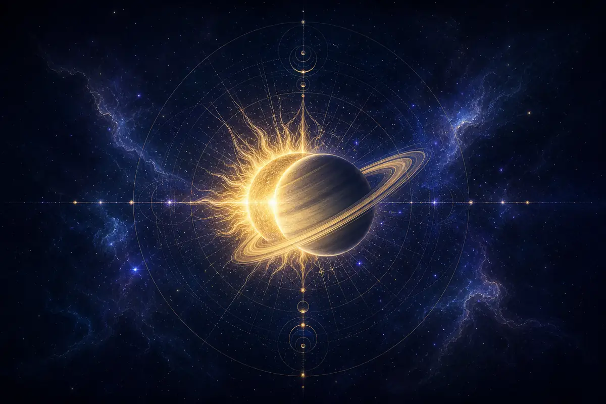 The Sun and Saturn drawn in fine light overlapping at a single point, Saturn's ring half hidden in the glow of the Sun.