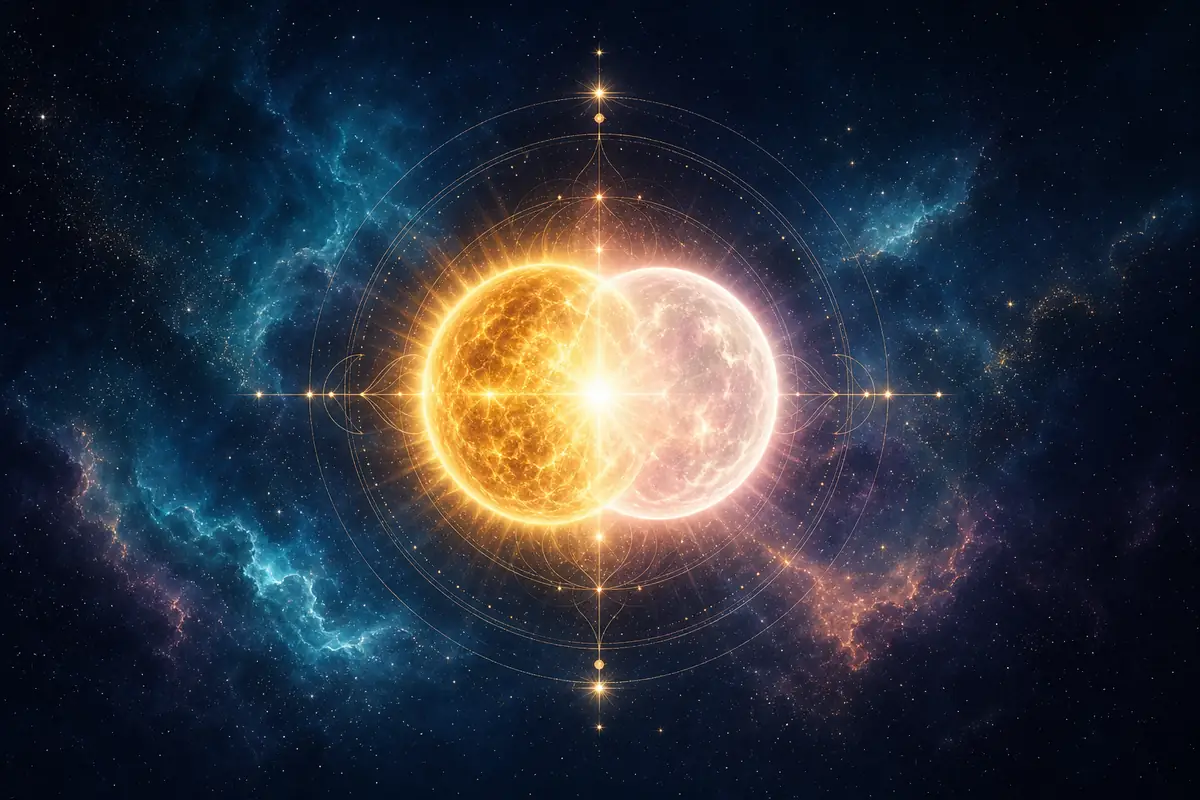 The Sun and Venus drawn in fine light, overlapping at one point on a thin astrological circle.