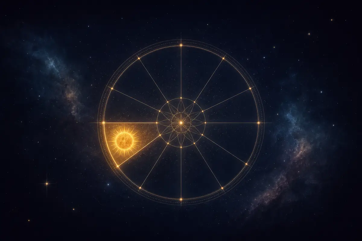 A radiant golden Sun set in the first glowing segment of a twelve-part astrological wheel, just beneath the rising line of the Ascendant.
