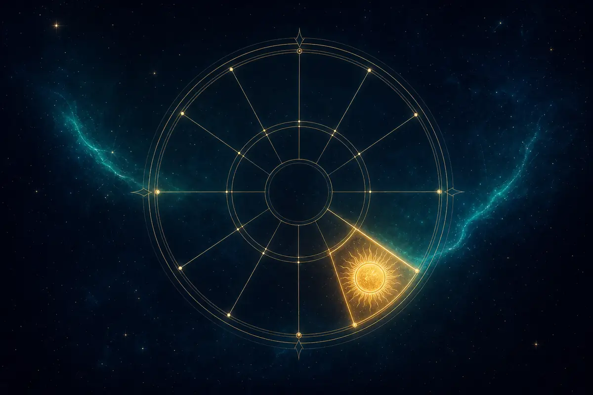 A radiant golden Sun set in one glowing segment of a twelve-part astrological wheel, the fifth segment lit as the place of creative play.