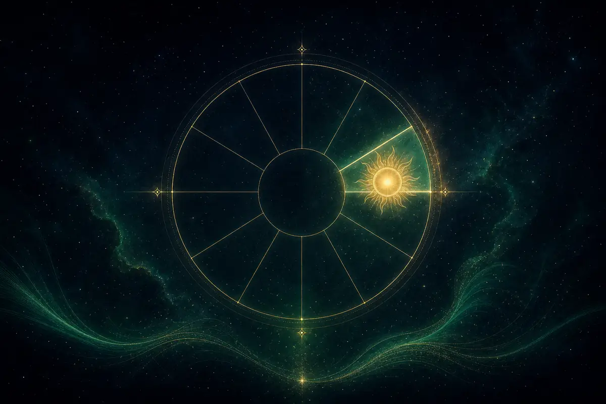 A radiant golden Sun set in one glowing segment of a twelve-part astrological wheel, the seventh segment lit at the point of sunset.
