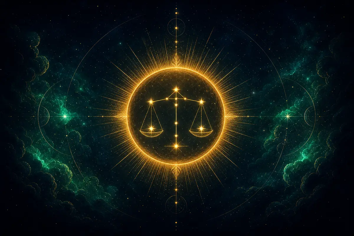 A pair of scales balanced at dusk as daylight gives way to dark, symbolising the Sun's fall at the autumn equinox in Libra.